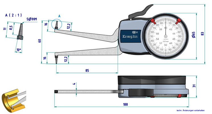 德國Kroeplin帶表內徑卡規H240尺寸圖 