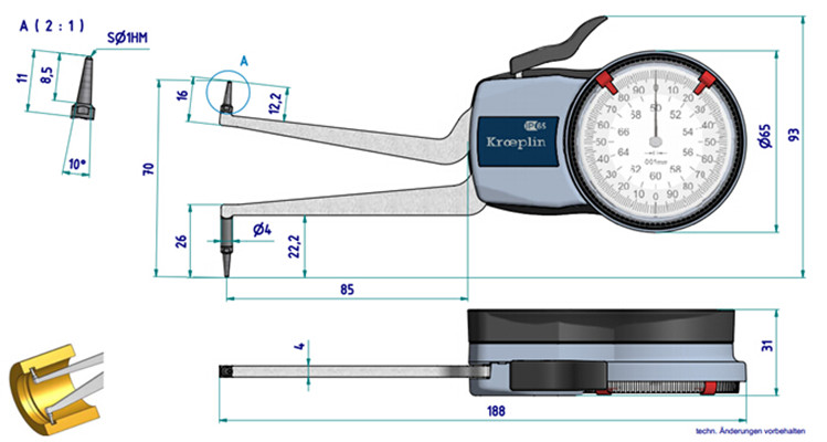 德國指針式內(nèi)卡規(guī)H250尺寸圖 