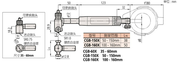 日本三豐mitutoyo短臂型內徑表511-762尺寸圖 
